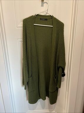 Waffle-Knit Open Front Cardigan in Olive